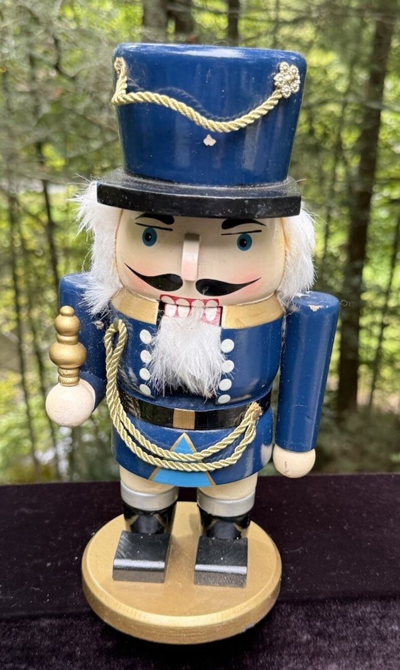 Wooden Christmas Nutcracker Figure Soldier Blue 11” Tall Paint Flecking